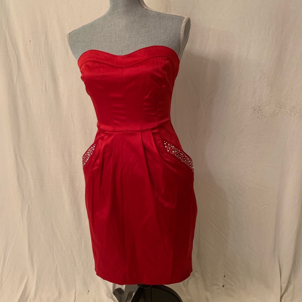 City Studio Red Satin Strapless Dress